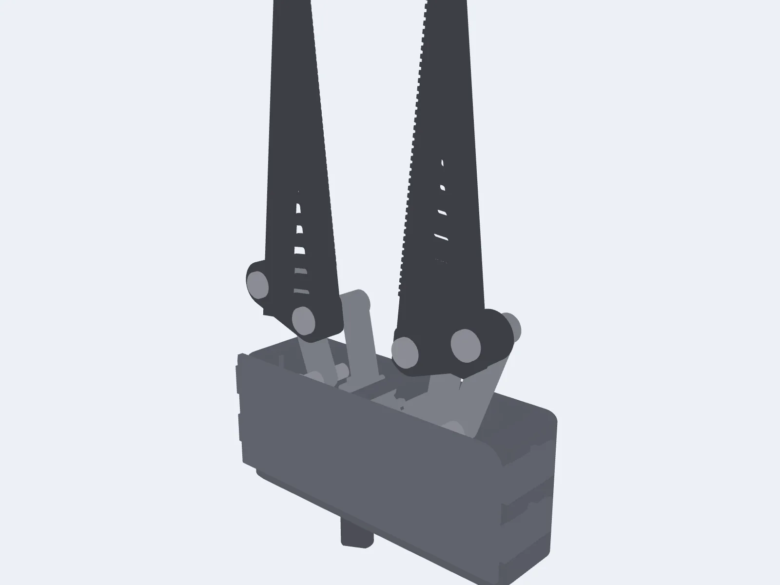 CAD render of the SoftSense end effector in a half open pose with both Fin Ray fingers pointing upward