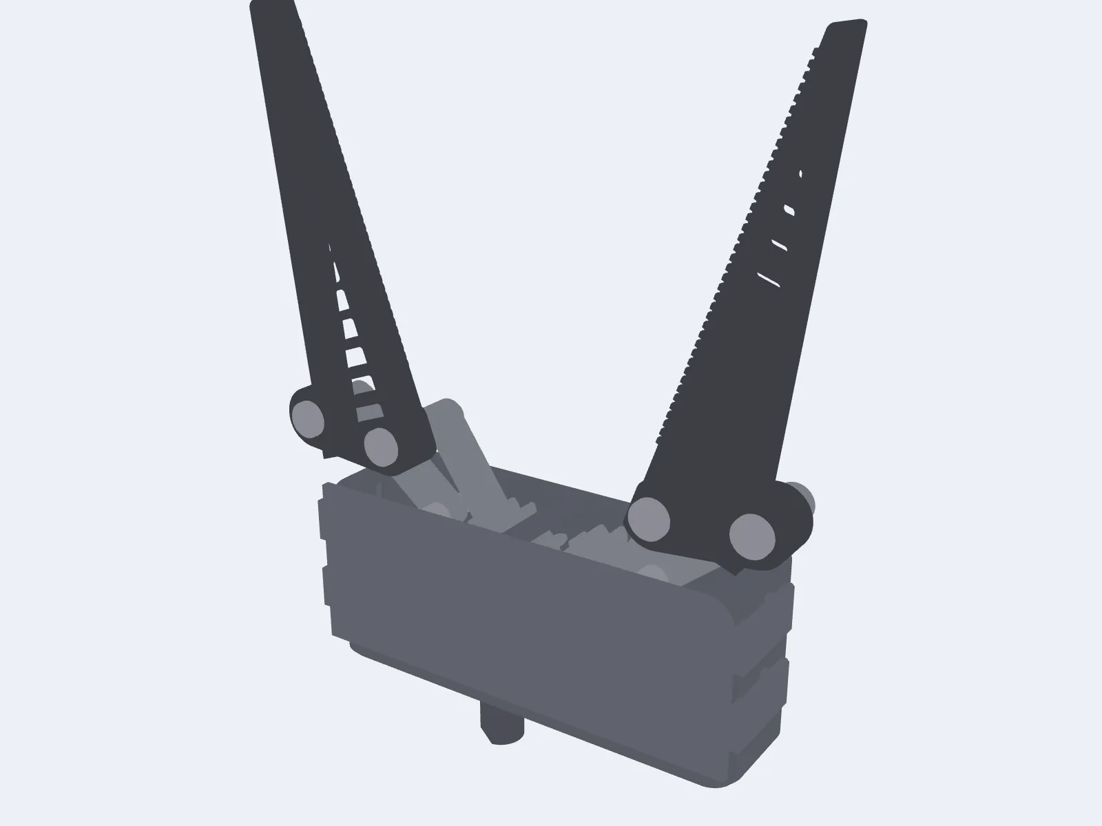 CAD render of the SoftSense gripper fully open with both Fin Ray fingers splayed outward