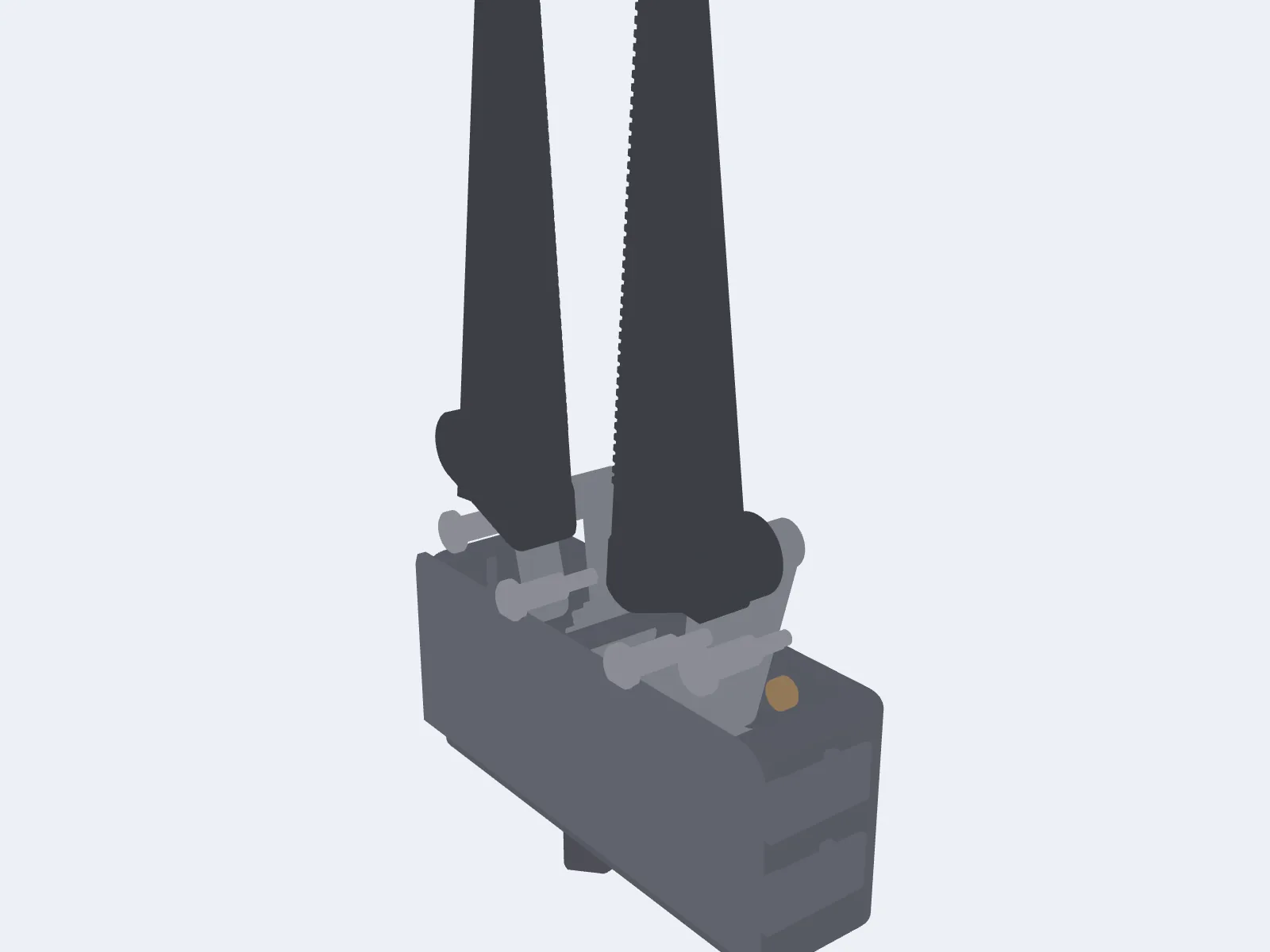 Exploded CAD view of the gripper drive showing the sector gears, four bar links and the right angle stage