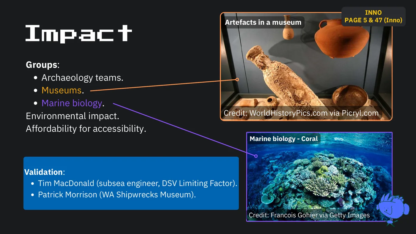 Slide 19: INNO Artefacts in a museum PAGE 5 & 47 (Inno) Impact Groups: Archaeology teams. Museums. Marine biology. Envir