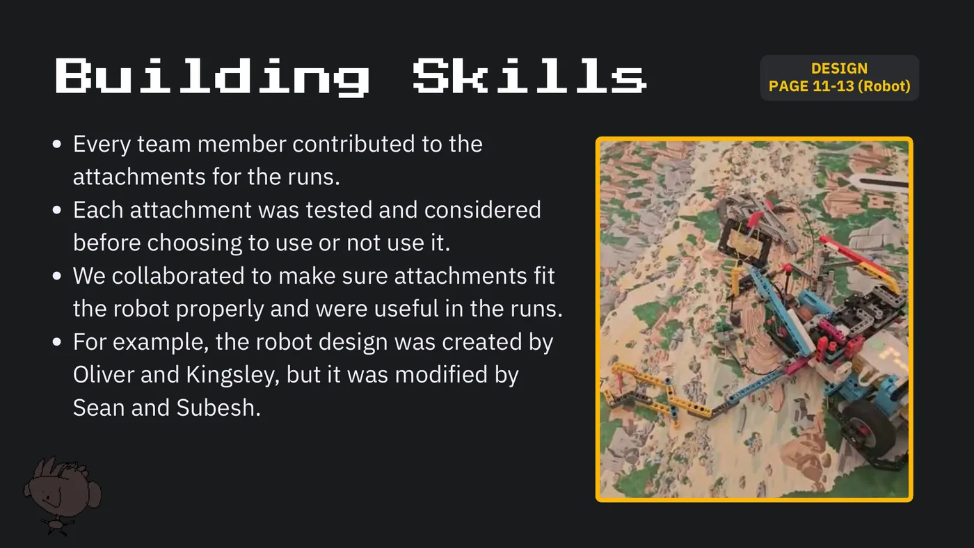 Slide 40: DESIGN Building Skills PAGE 11-13 (Robot) Every team member contributed to the attachments for the runs. Each 