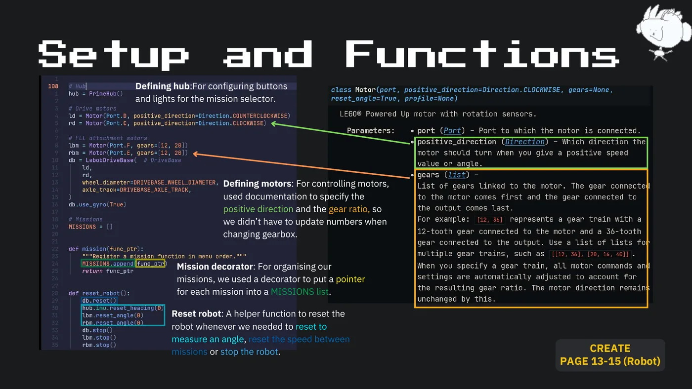 Slide 49: Setup and Functions Defining hub:For configuring buttons and lights for the mission selector. Defining motors: