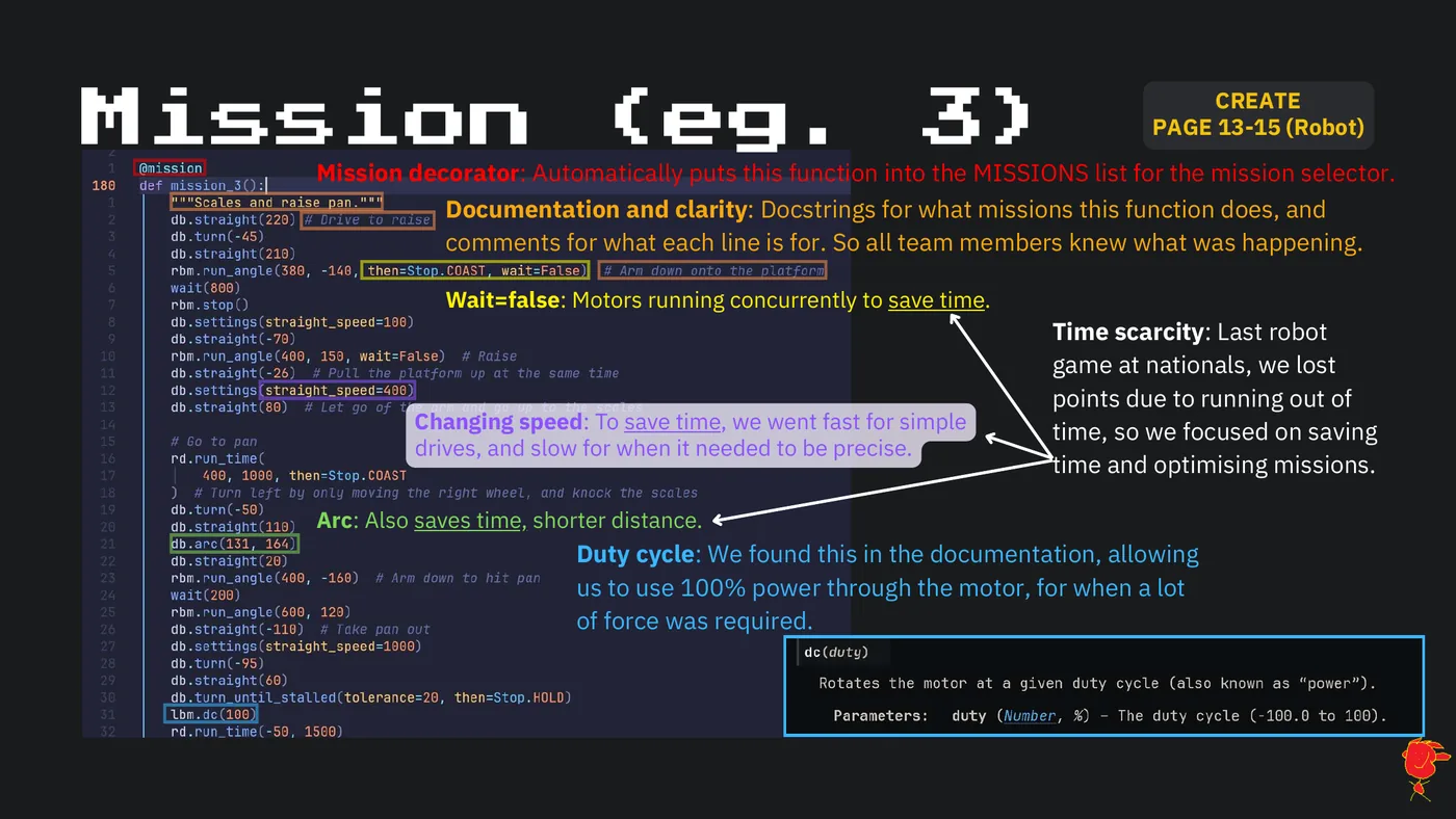 Slide 50: CREATE Mission (eg. 3) PAGE 13-15 (Robot) Mission decorator: Automatically puts this function into the MISSION