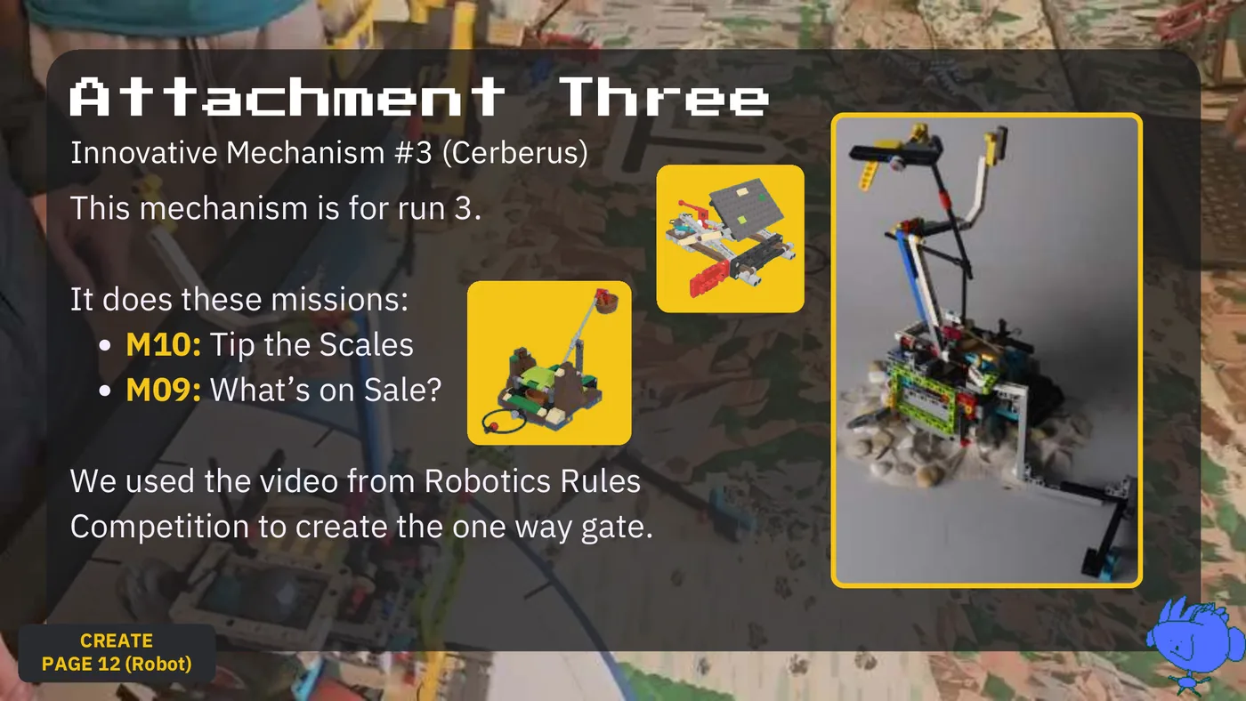 Slide 56: Attachment Three Innovative Mechanism #3 (Cerberus) This mechanism is for run 3. It does these missions: M10: 