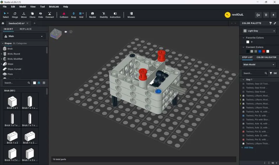 Screenshot of BrickLink Studio with a LEGO gearbox assembly open in the 3D workspace