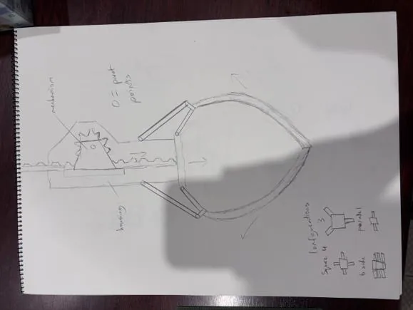 Hand drawn sketch of an early claw mechanism on lined paper