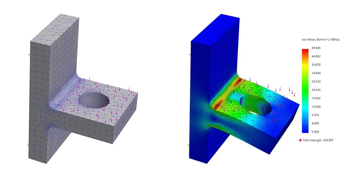 Finite element analysis stress plot of a manipulator finger showing high stress in red at the connection point