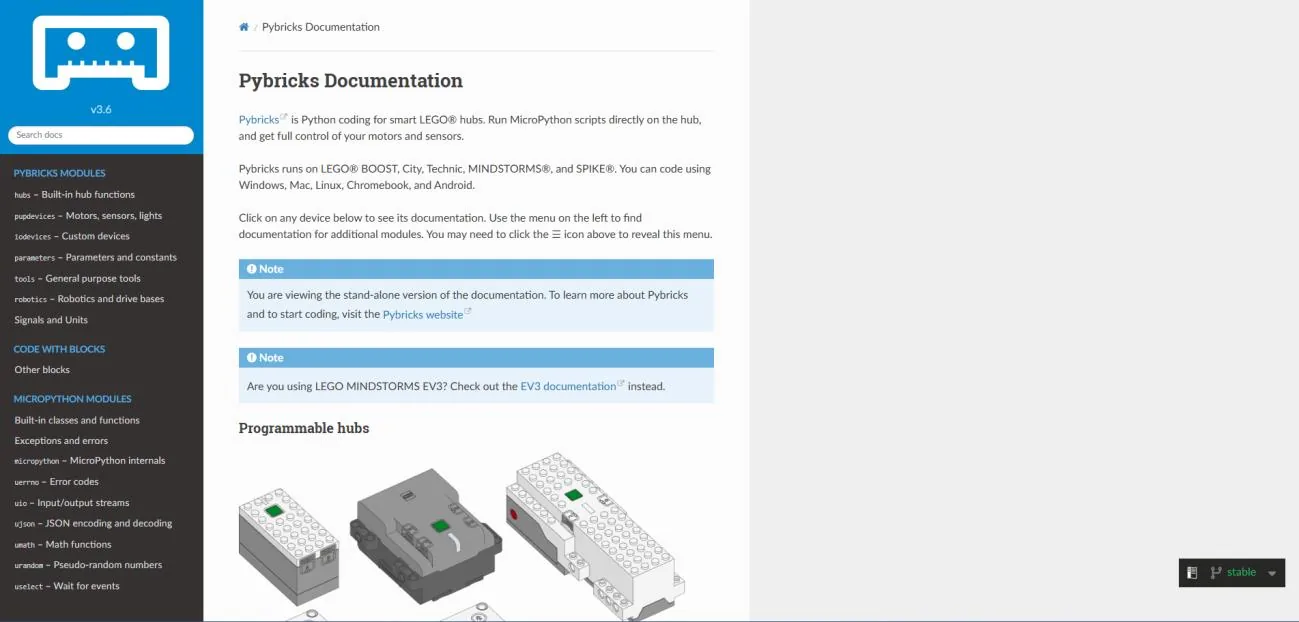 Screenshot of the PyBricks documentation site open at the programmable hubs page