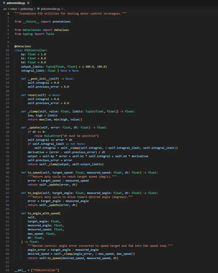 Screenshot of the PID controller source code used in the robot drive and turn functions